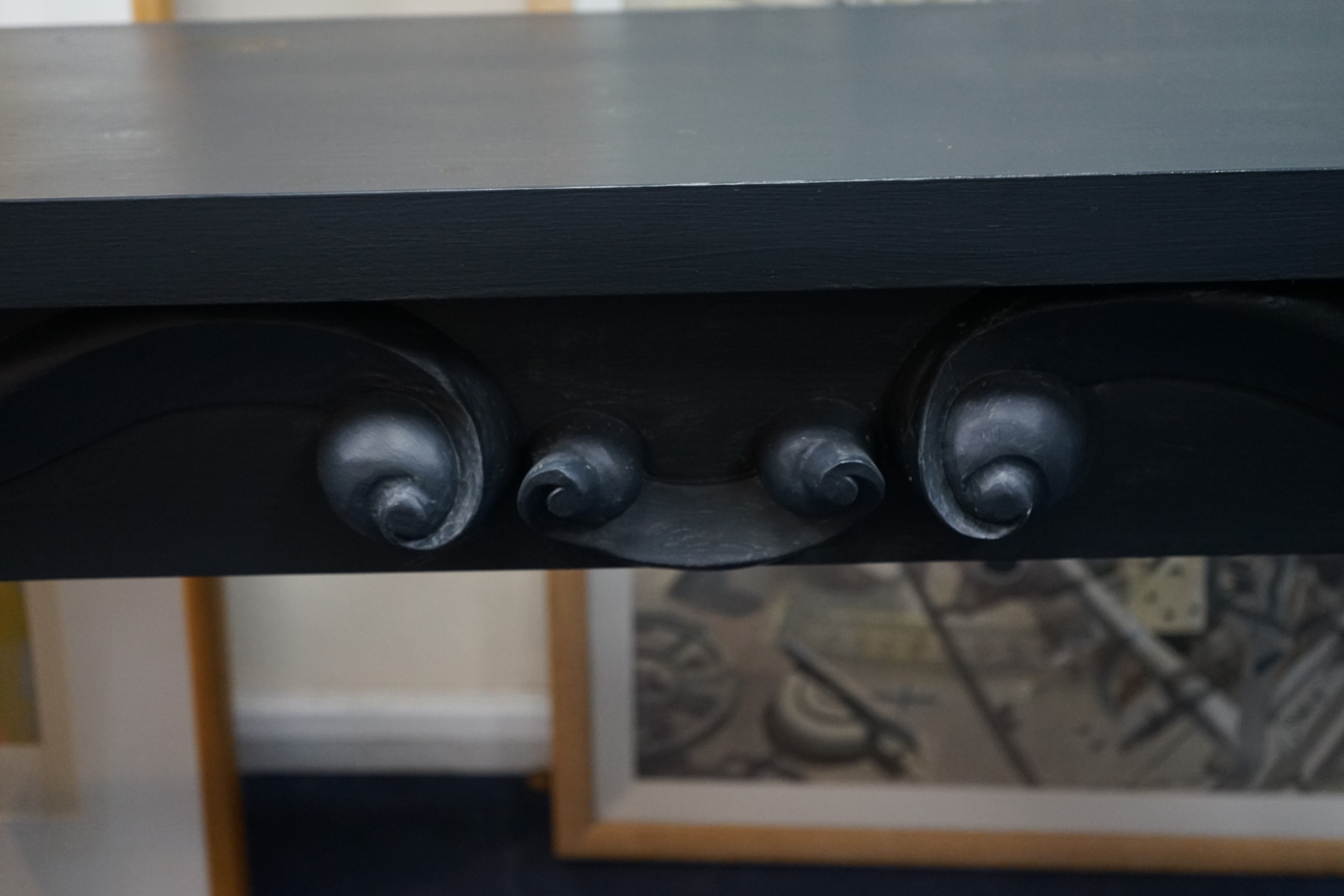 A grey painted pine console table, with scrolling apron, width 160cm depth 40cm height 78cm
